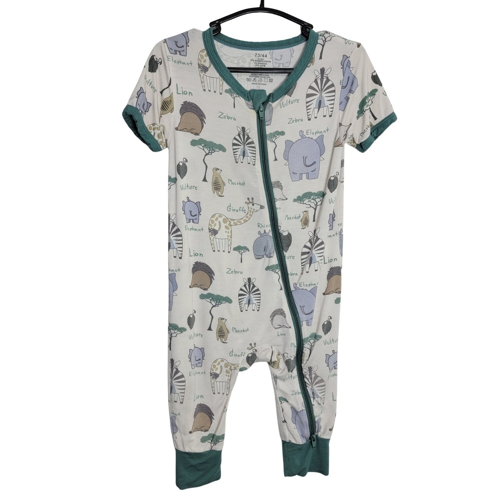 Safari Animal Bums Bamboo Short Sleeve Zip Romper 6-9M Green Cream 2-Way Zip